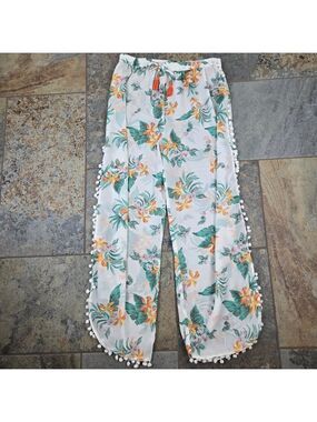Club Z Collection Size XL White Sheer Coverup Pants Floral Pattern Elastic Waist